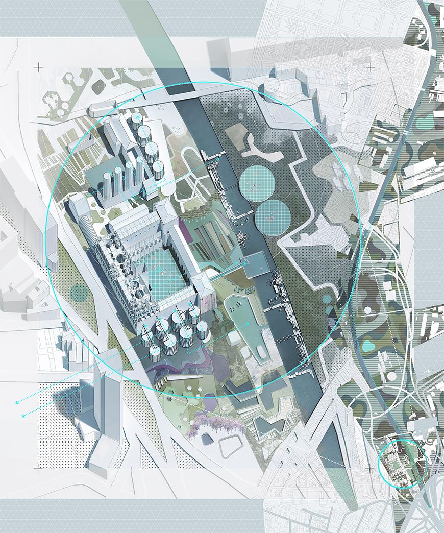 Axonometric drawing toned with blue, green, and gray colors and textures of different shades.