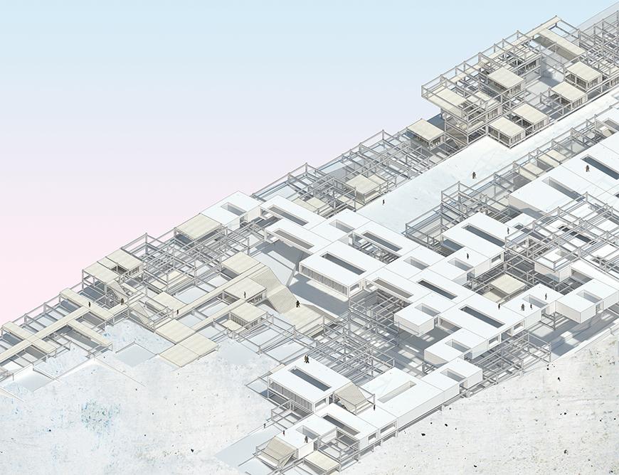 Axonometric rendered aerial view showing wooden surface, metal latticework, and white volumes and massing.
