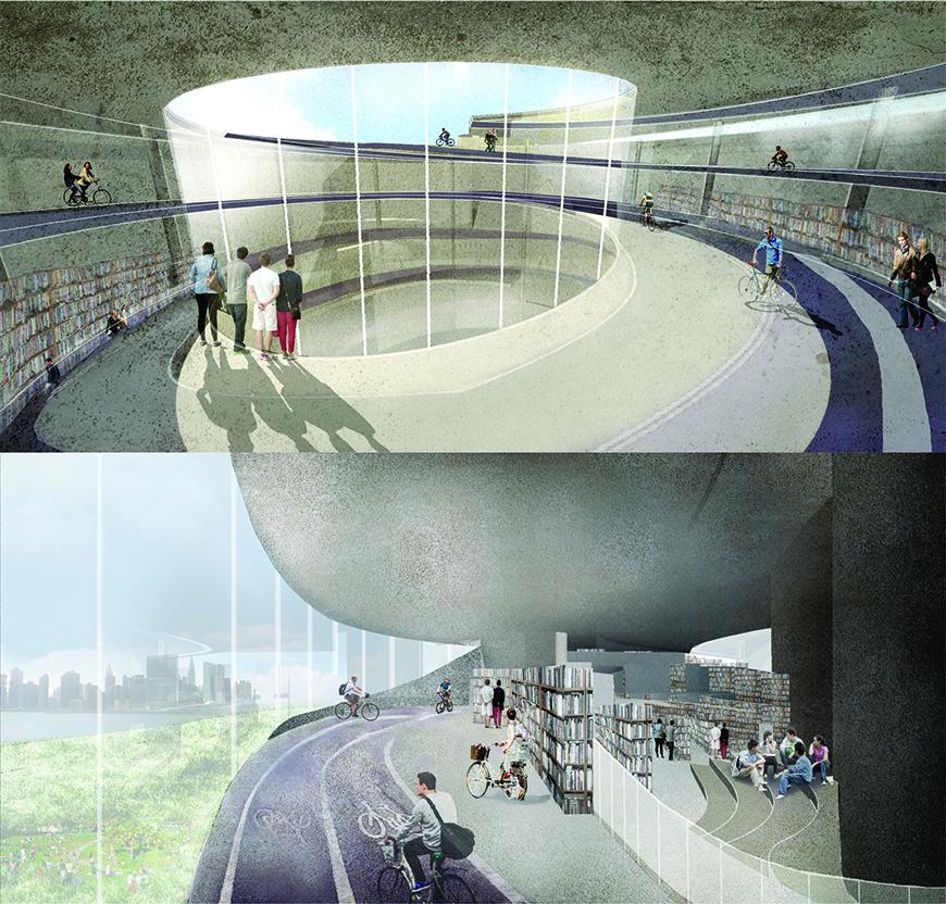 Two renders of interior spaces in the project showing bike pathways, human figures, concrete textures for the walls and ceilings, and the presence of books and library program integrated with the bike path program.