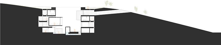 Cross-section drawing showing project as sunken down into a landmass, with enclosed spaces on either side of the sunken space.