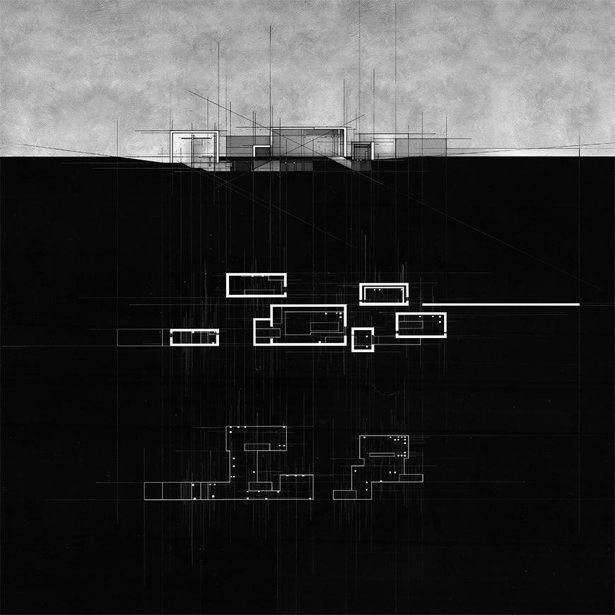 Composite drawing with a toned section of the project and white-on-black plan drawings below it.