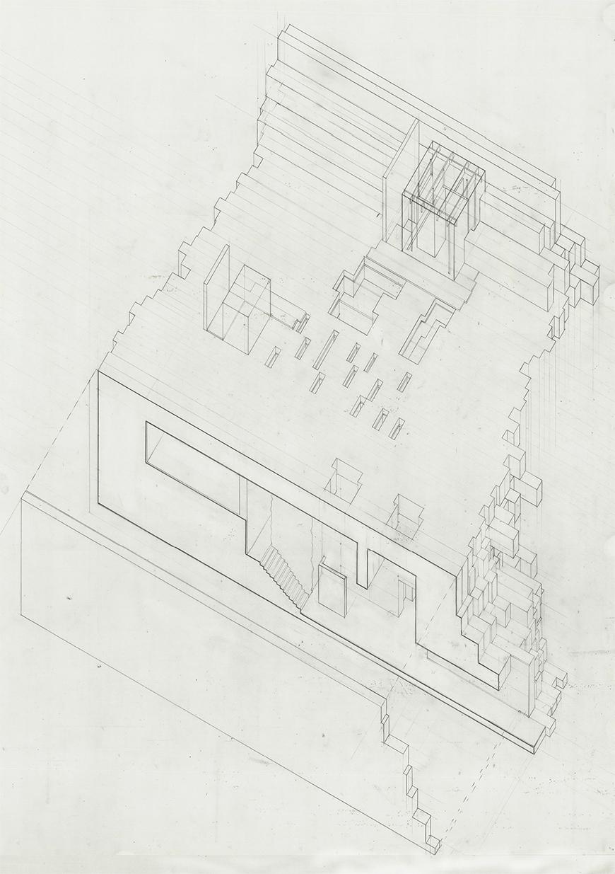 Hand-drawn isonometric drawing from aerial perspective revealing section cut.