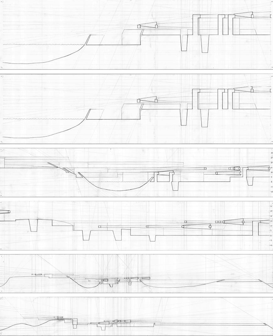 Hand drawn sections of topology with slots cut into it and diagonal surfaces above these.