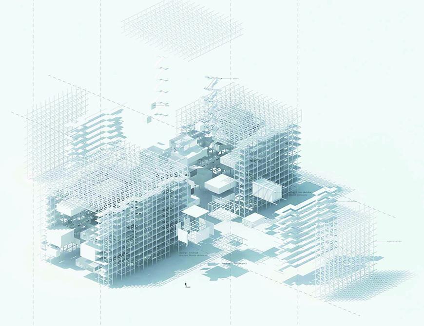 Exploded axonometric visual made from a rendered model of the project with white textures.