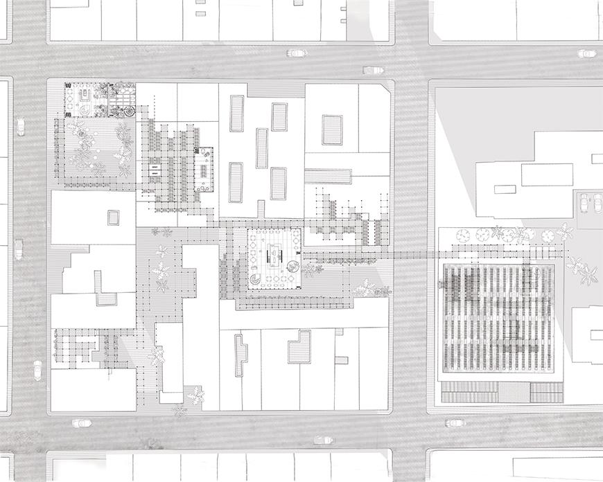 Plan drawing with streets toned darker showing a city block in which the project is proposed.