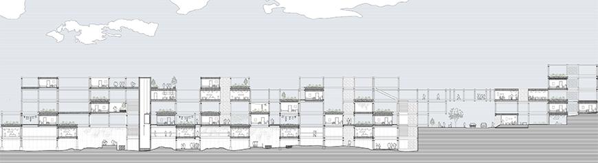 Section drawing showing latticework, the volumes suspended within it, excavation into the ground.