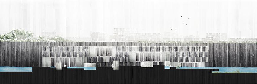 Collaged section drawing showing sunken level with water and wall surface of landmass behind as vertically-striated stone.