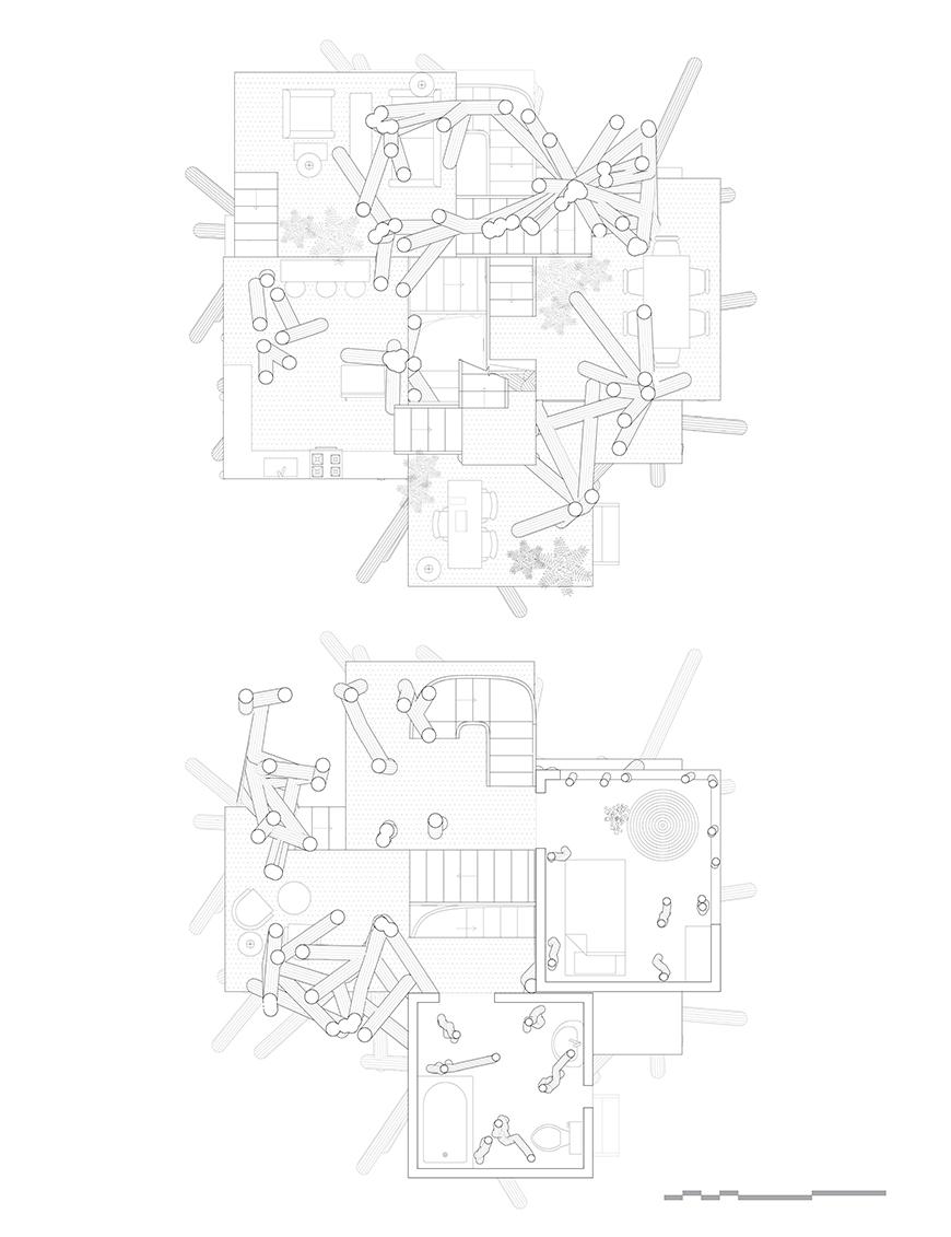 Black and white drawing of two plans at different floor levels.