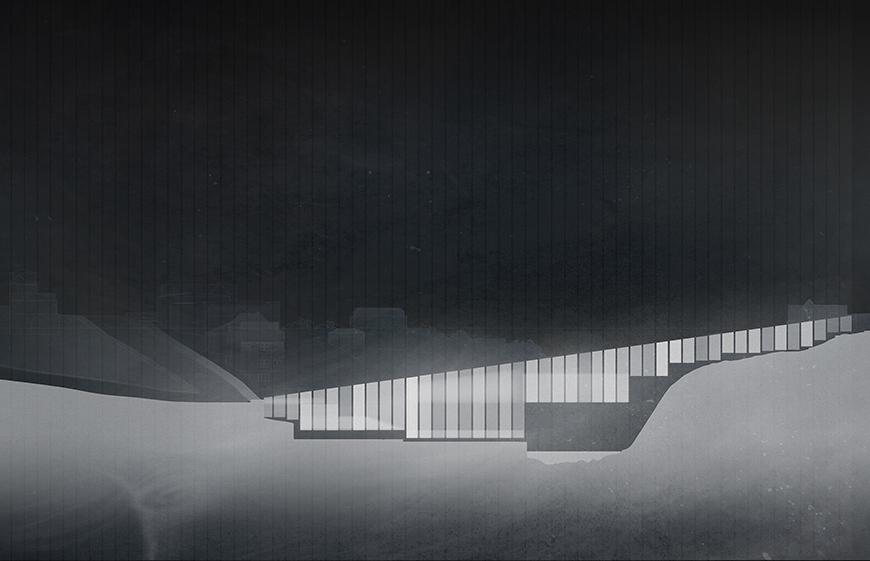 Collaged drawing of project in elevation set at night-time with various degrees of translucent white and gray tones representing the materiality and light qualities of the project.