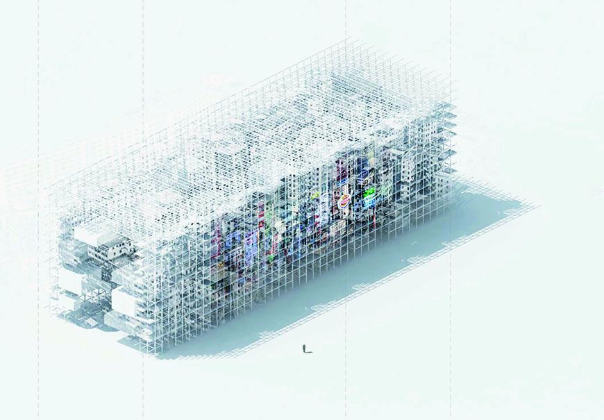 Axonometric visual made from a rendered model of the project with white textures, whowing colorful images on the facade.