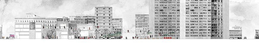 Section drawing with black and white photographs of buildings collaged as the background.