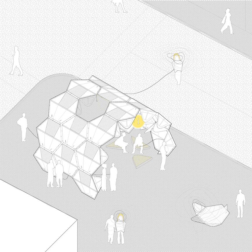 Axonometric drawing showing agglomeration of modules to build a shelter in the form of an arch with human figures populating the drawing.