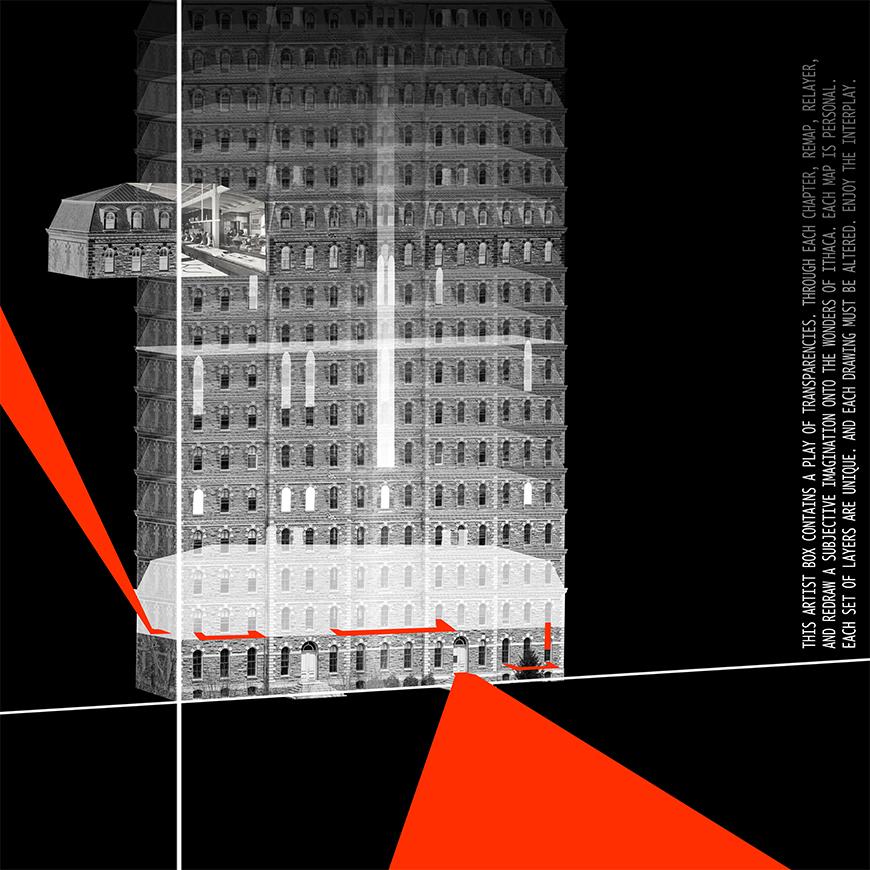 Conceptual drawing showing a building facade and a ghosted-in mansard roof with red bands extending perspectivally into, through, and out of the facade.