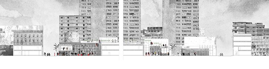 Section drawing with black and white photographs of buildings collaged as the background.