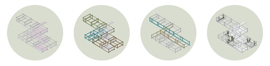 Color-coded diagrams of latticework, massing, and circulation on solid gray circular backgrounds.