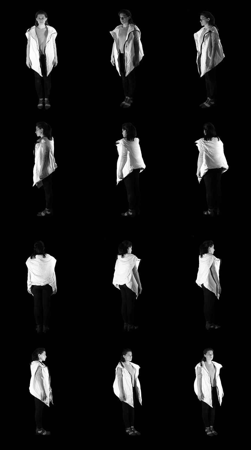 Composite photograph in black and white of person wearing the jacket in 12 different angles, showing 360 degree view of the jacket.