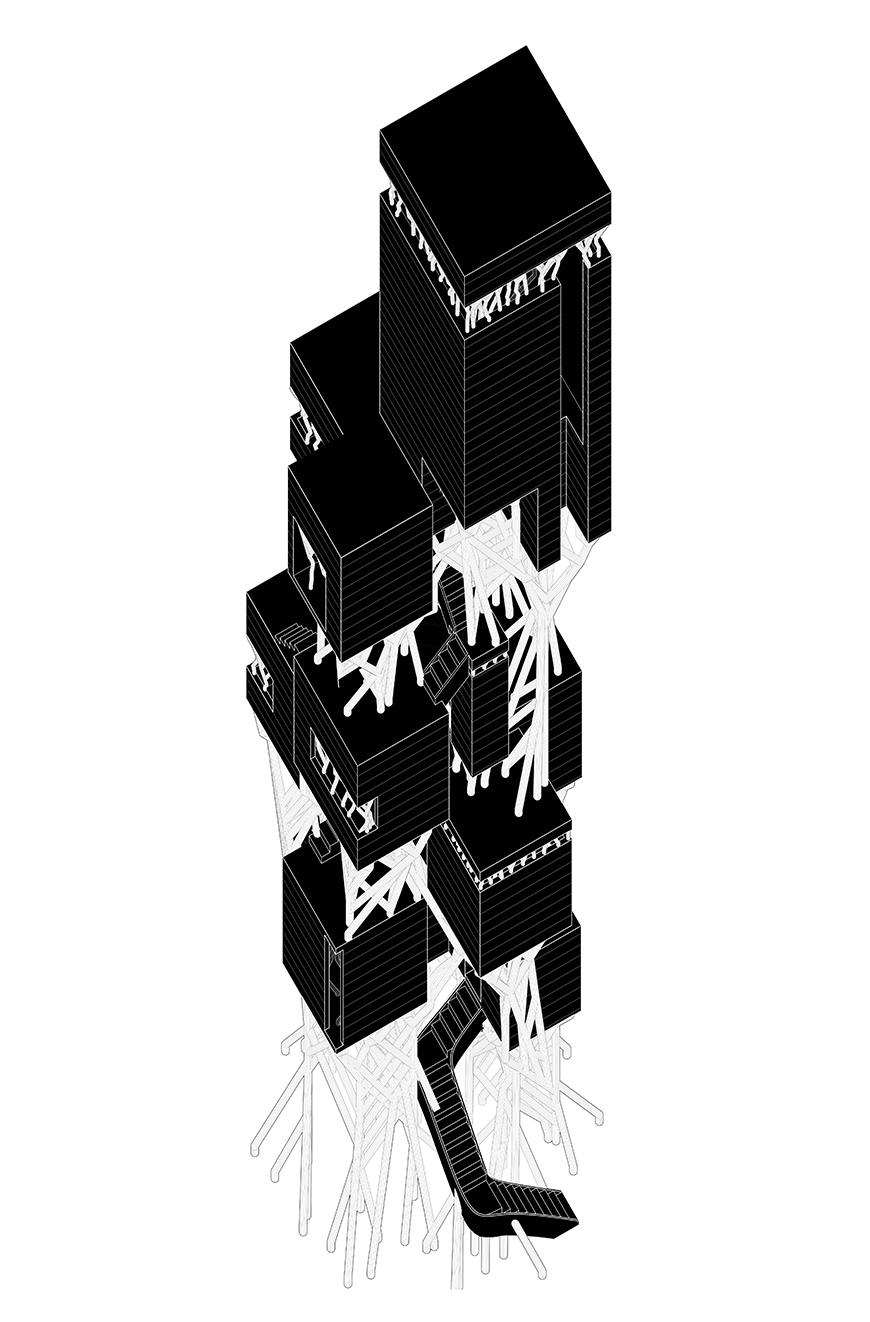 Axonometric drawing of vertical villa with outlined structure and solid black wall surfaces.