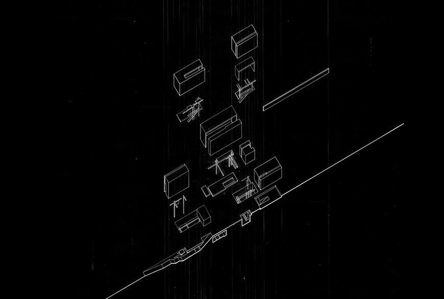 White-on-black exploded axonometric section drawing.