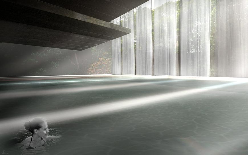 Render showing interior pool space with light filtering in from the top right of the image through white curtains.