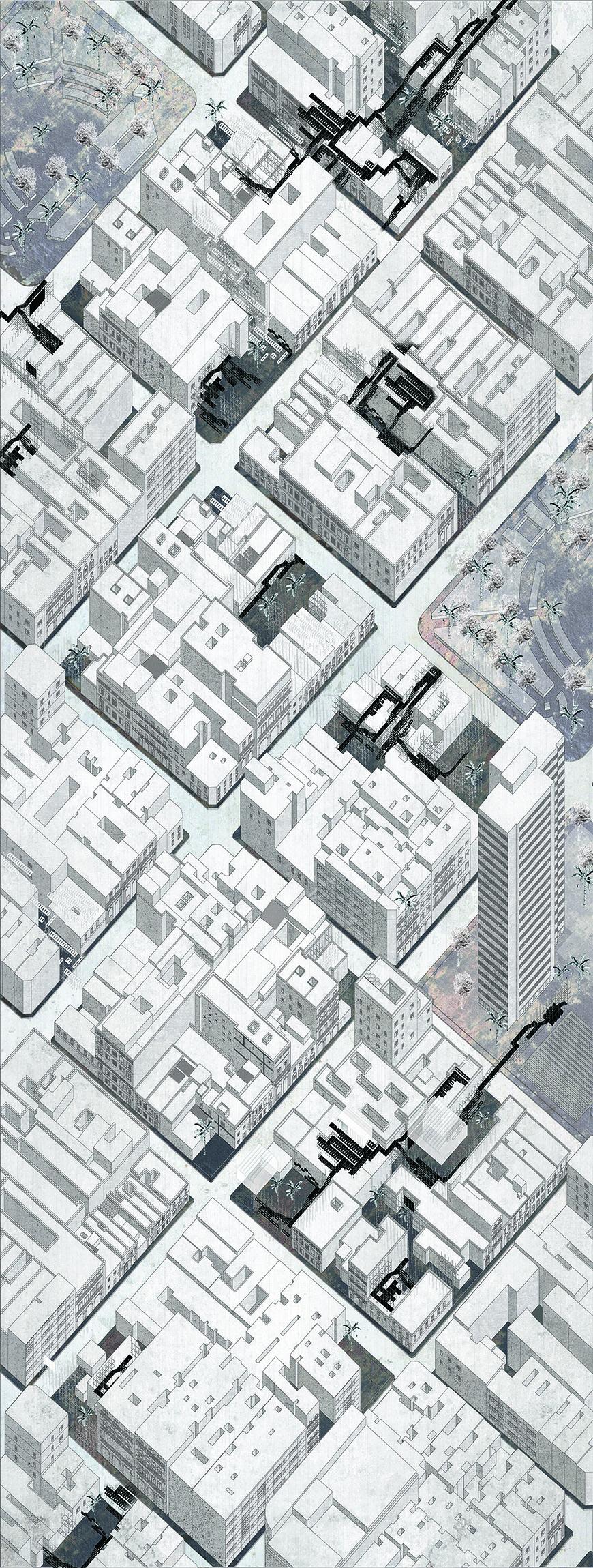 Axonometric drawing of downtown Havana diagramming spaces between buildings where the project could be implemented.