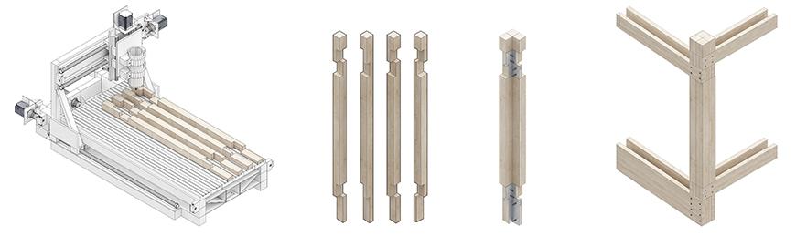 Four rendered diagrams showing CNC milling of wooden members, the shape of members, joints, and how they come together.