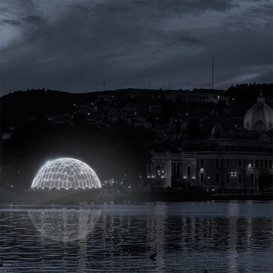 Render at night of city or town on a shoreline with a glowing white dome made of lighted lines near the water.