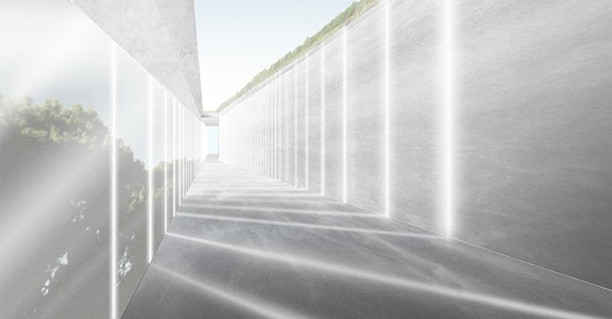 Render showing walkway with light filtering in through glass curtain-wall in slits projected onto opposite concrete or stone wall.