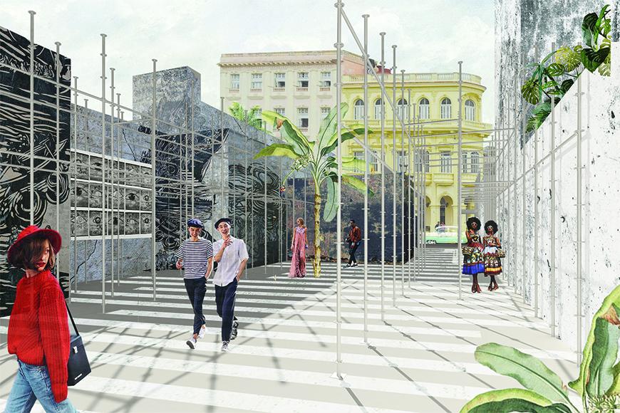 Rendering with collaged textures, vegetation, human figures, and background buildings showing gallery spaces on the ground floor of the project.