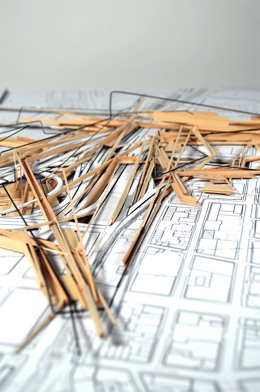 Composite model of plan drawing with basswood inserts and cut-outs.