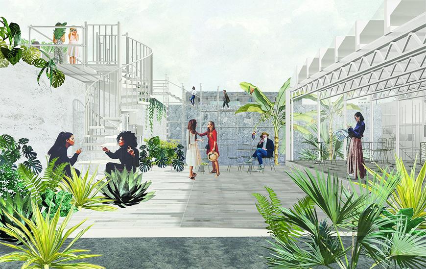 Rendering with collaged textures, vegetation, human figures, and background buildings showing spaces on the ground floor being used as public spaces, restaurants, and with stairs leading up to rooftops used for cultivation.