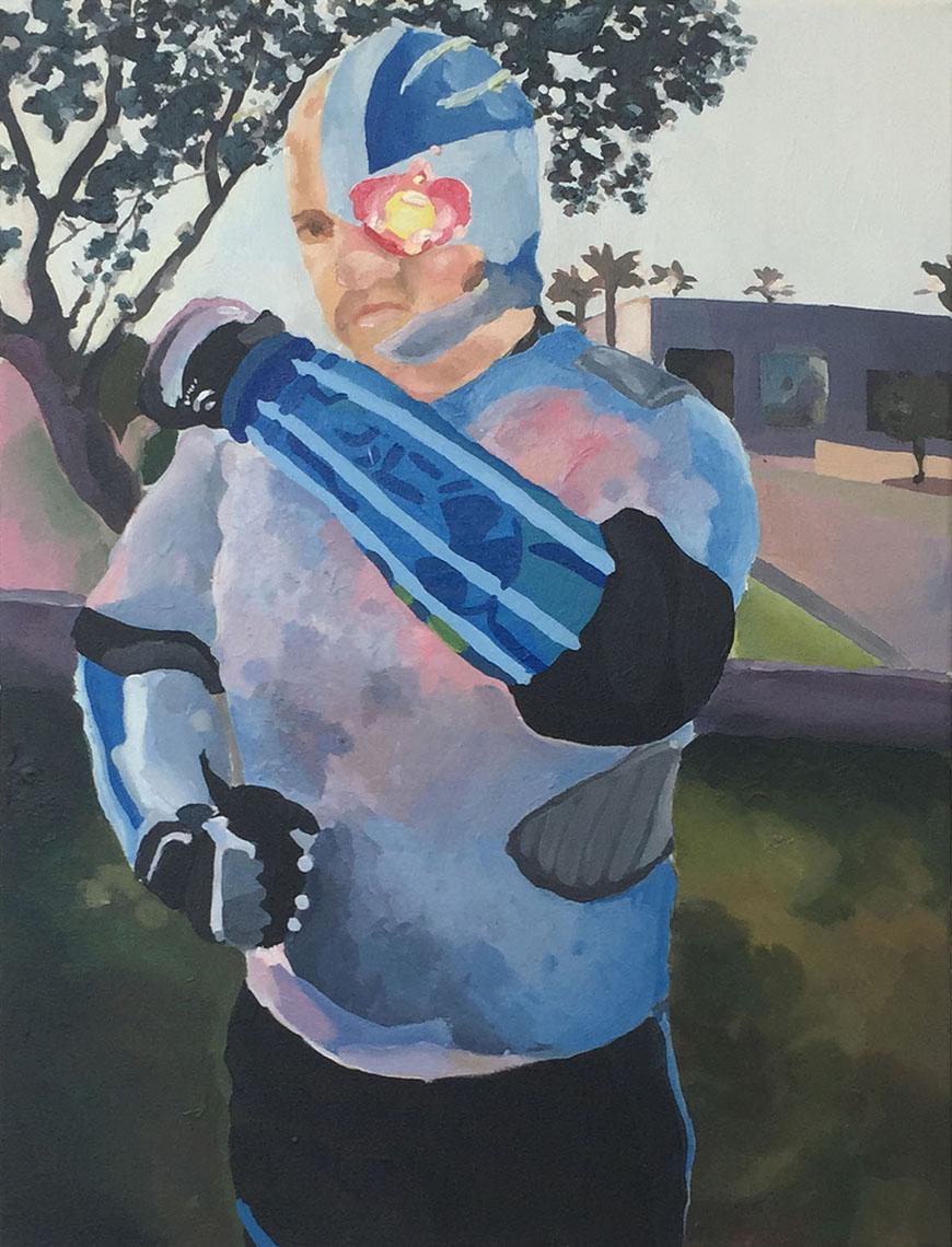 painting of a man with a blue and pink body suit standing outside wearing a cyborg helmet