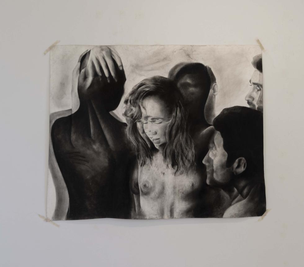 Black and white charcoal drawing of five nude figures surrounding each other.