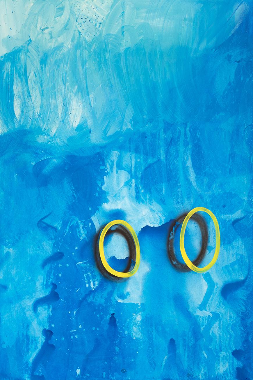 Painted background of different blue hues with two yellow oblong circles in the middle right casting a darker oval shadow.
