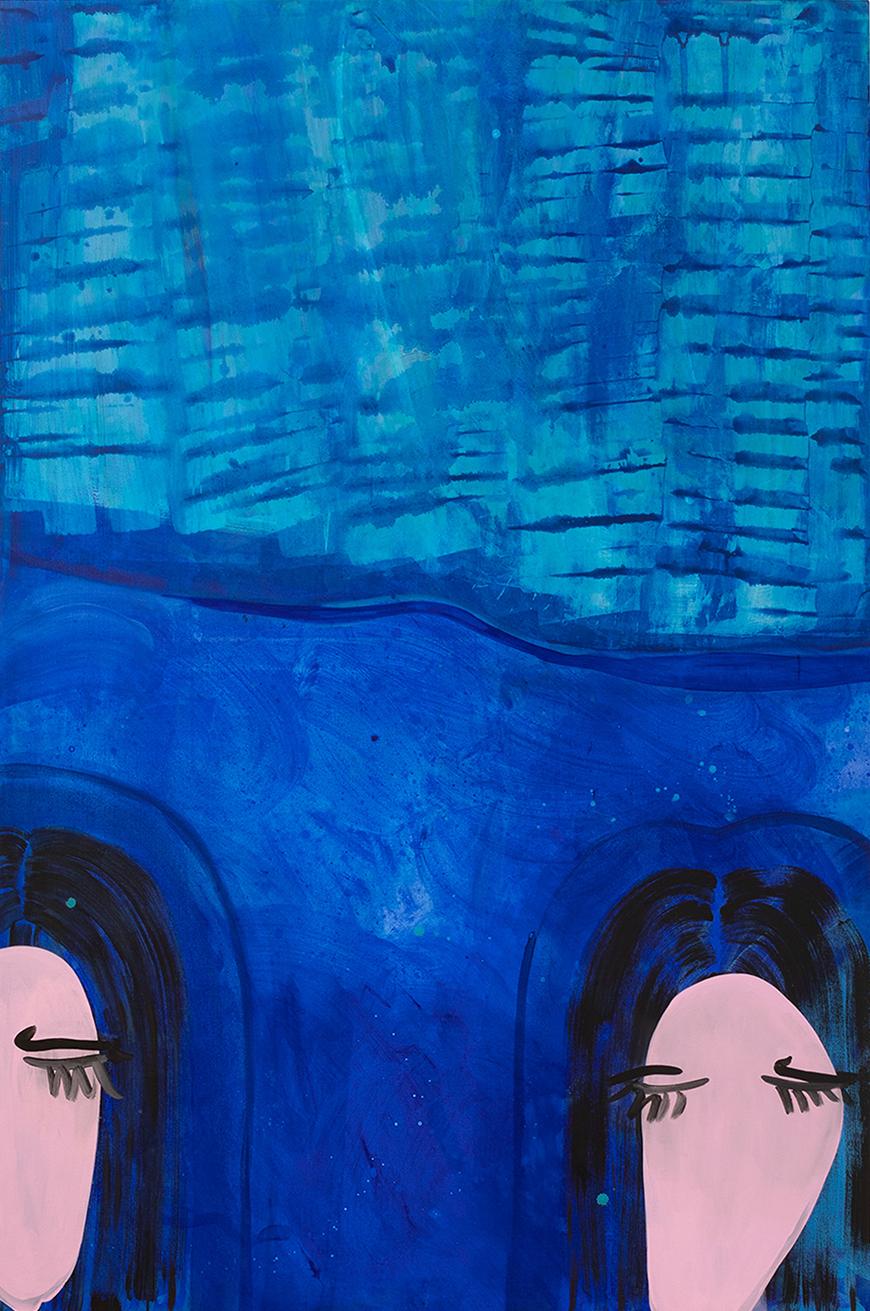 Abstract painting with different shades of blue blended together with two figures painted at the bottom with a pale face and black-blue shaded hair.