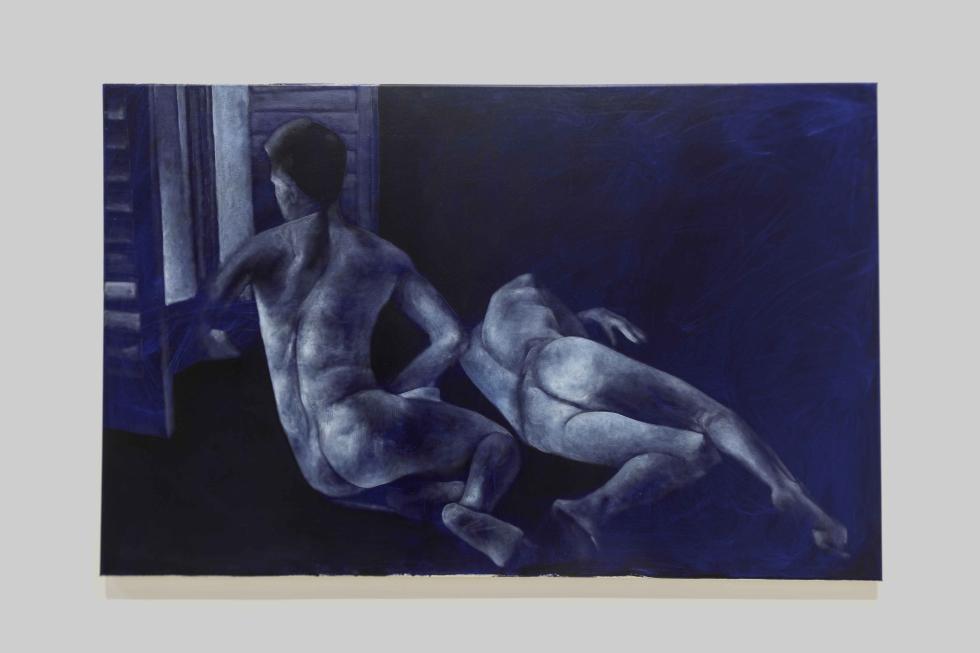Blue hued drawing of two nude figures, one staring out a window and the other laying down.