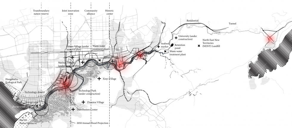 map diagram with black line vectors and red radial gradients