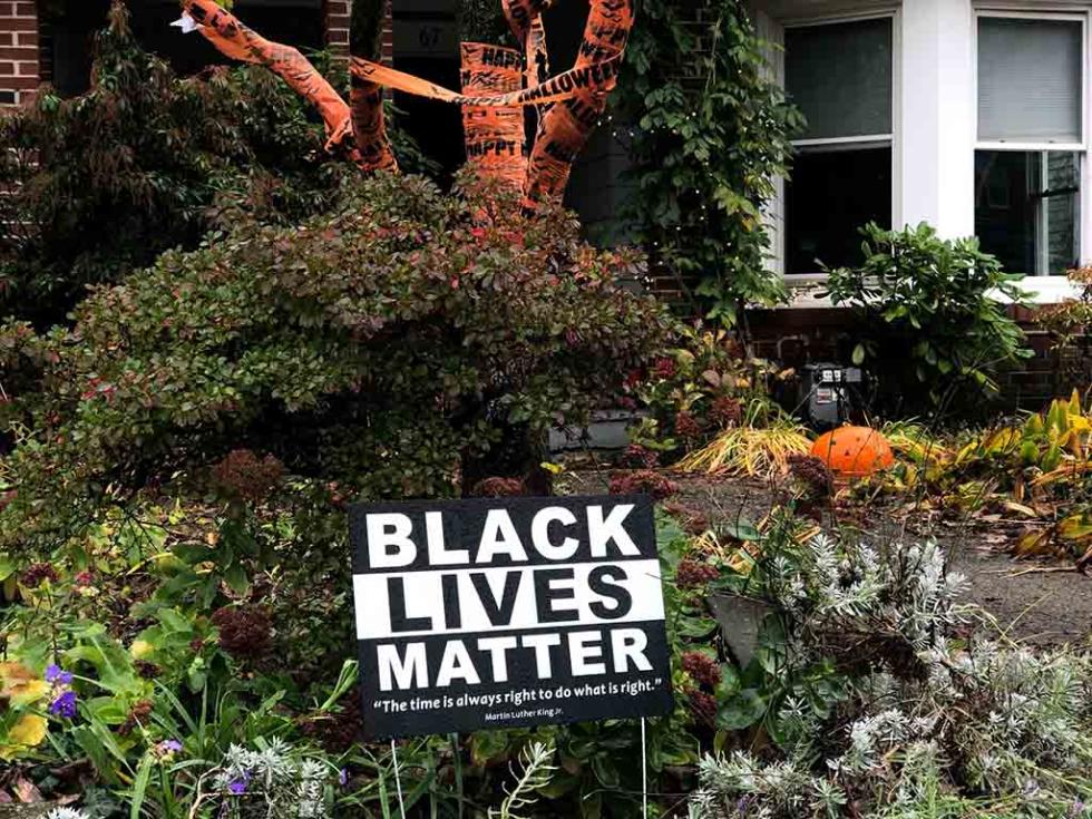 Black and white sign depicting the words BLACK LIVES MATTER with a smaller quote underneath on someone's lawn plants.
