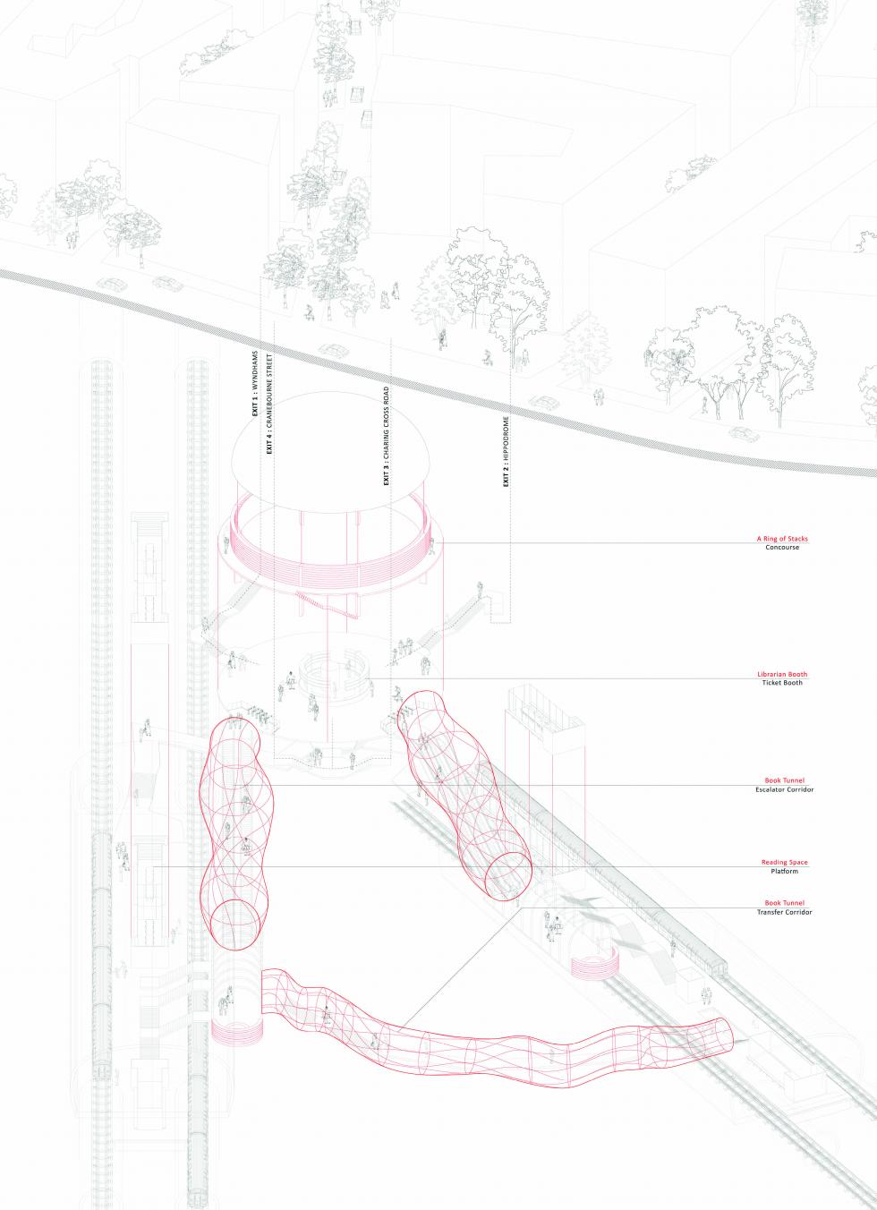 Drawing is showing the circulation of the subway tunnels in pink