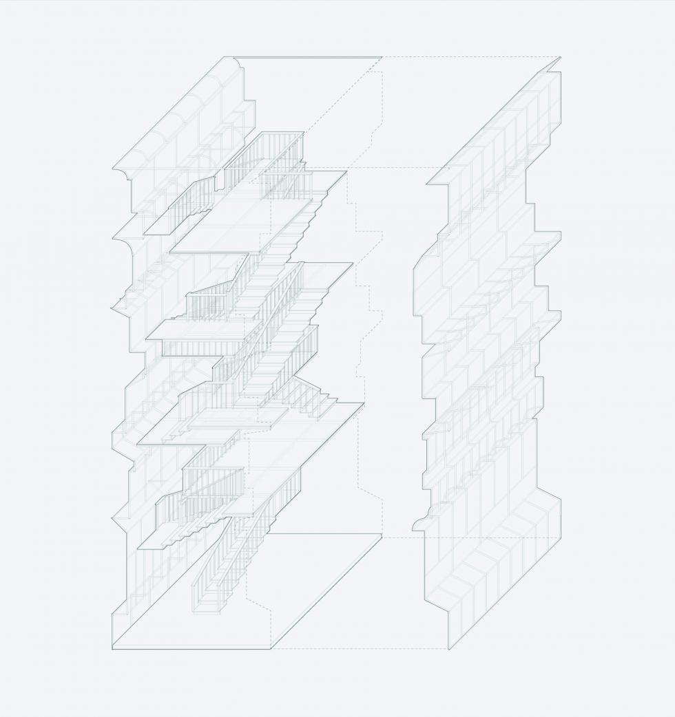 Axonometric of both side of the facade with staircase.