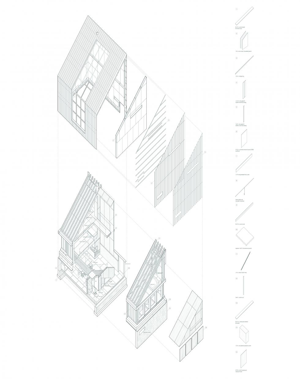 Exploded axonometric showing all the different parts that make up the house.