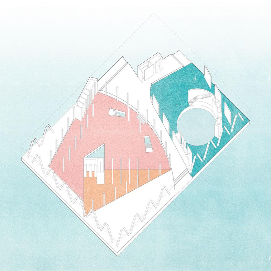 Axonometric of geometric shapes in pastel colors. 