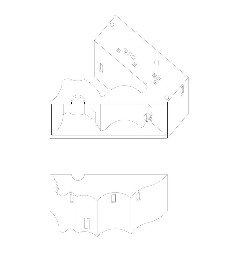 Axonometric opened to reveal the interior.