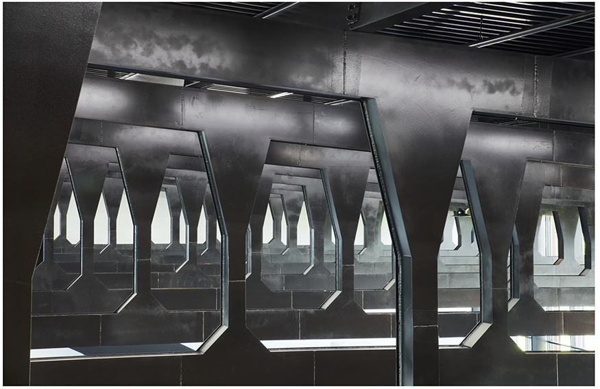 Digital rendering of the interior of a factory. 