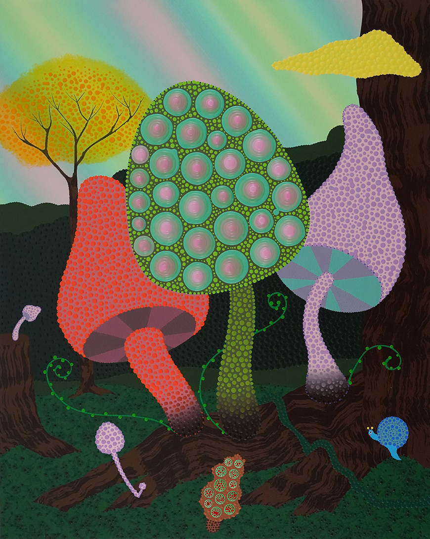 A woodland scene with three large mushrooms at the center. The left is a conical red mushroom, the center is a round green mushroom with large purple and green circles on it, the right is a conical purple mushroom. Several other small mushrooms, a snail, and the roots of a tree make up the surroundings, with a rainbow sky and yellow tree in the background. 