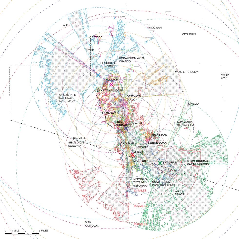 Map indicating radii and reach of proposed tower surveillance equipment in the landscape, Gu Vo District, Tohono O’odham Nation