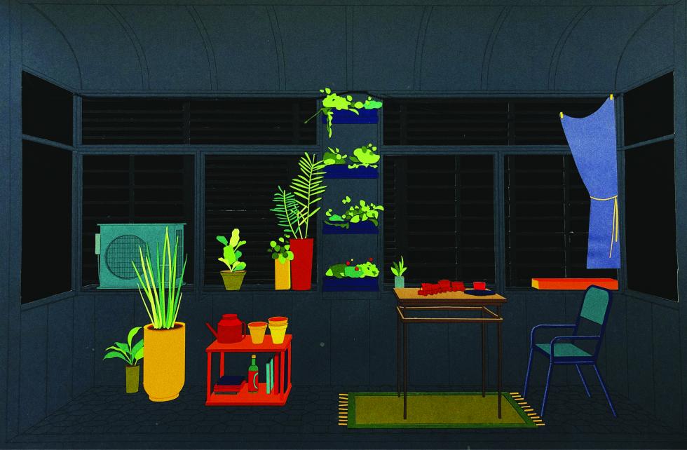 Construction paper collage of dark tones of greens with objects, furniture and plants in bright colors.