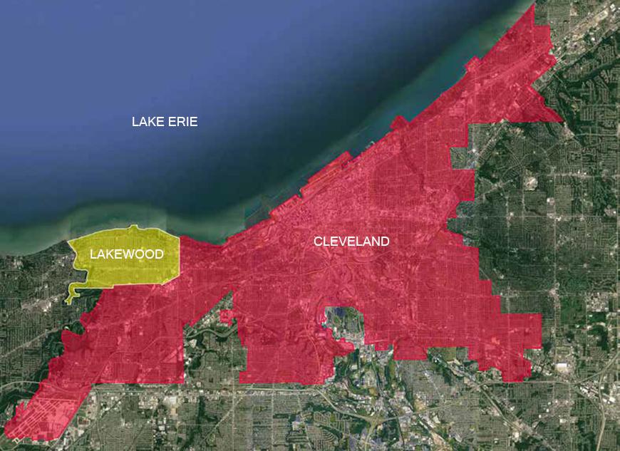 Map with areas highlighted in yellow and red, and Lake Erie, Lakewood and Cleveland written on the map