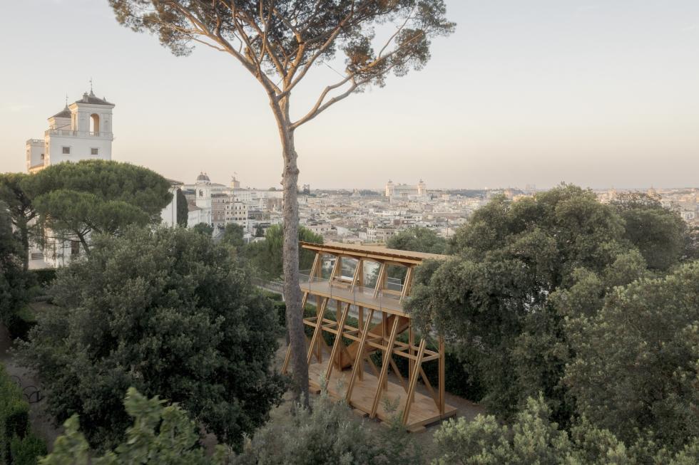 A wooden observation platform perched atop a hill overlooks a sprawling cityscape with a pine tree in the foreground. The city is bathed in the warm glow of the setting sun, with distant buildings and structures visible.