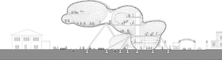 Section drawing of building with other buildings and structures adjecent