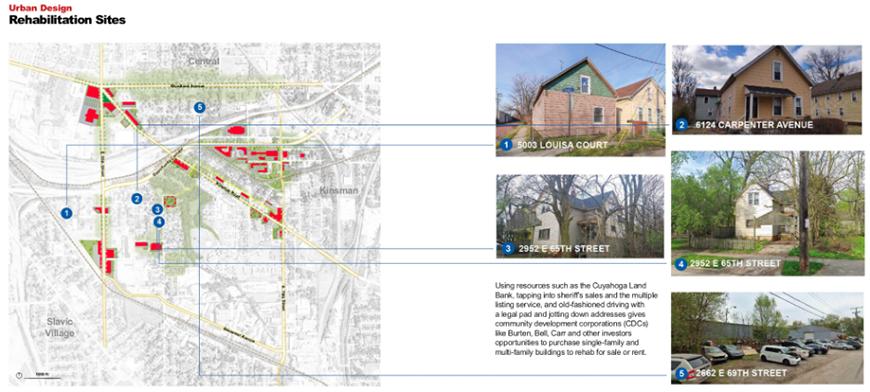 map with red buildings and blue circles with white numbers